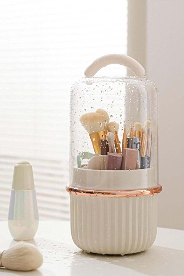 Rotating Makeup Brush Holder with Lid – Dustproof Vanity Organizer for Cosmetics & Brushes, 360° Ma