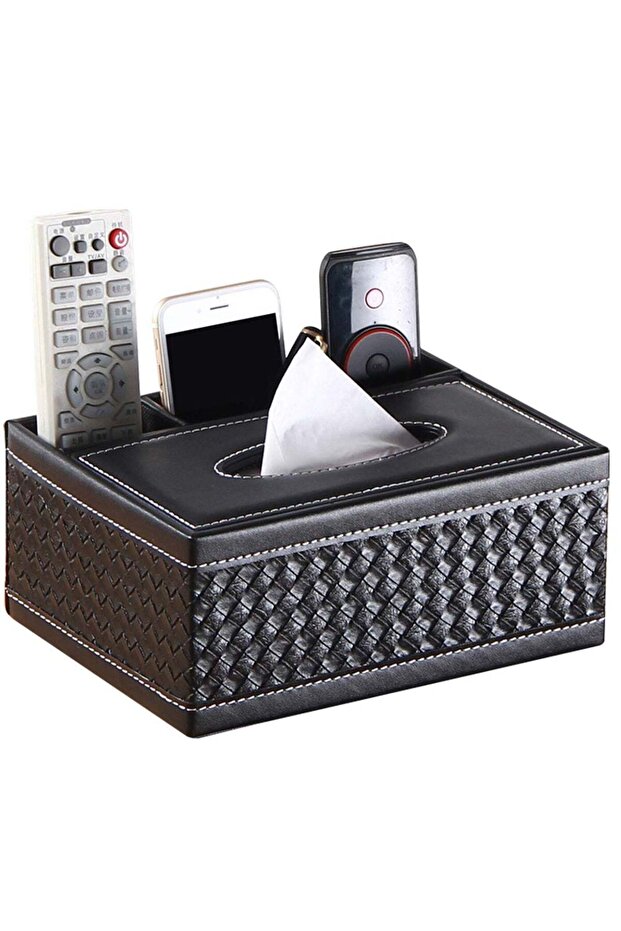PU Leather Rectangular Tissue Box Cover Multifunctional Tissue Box Holder with Stationery Remote Co