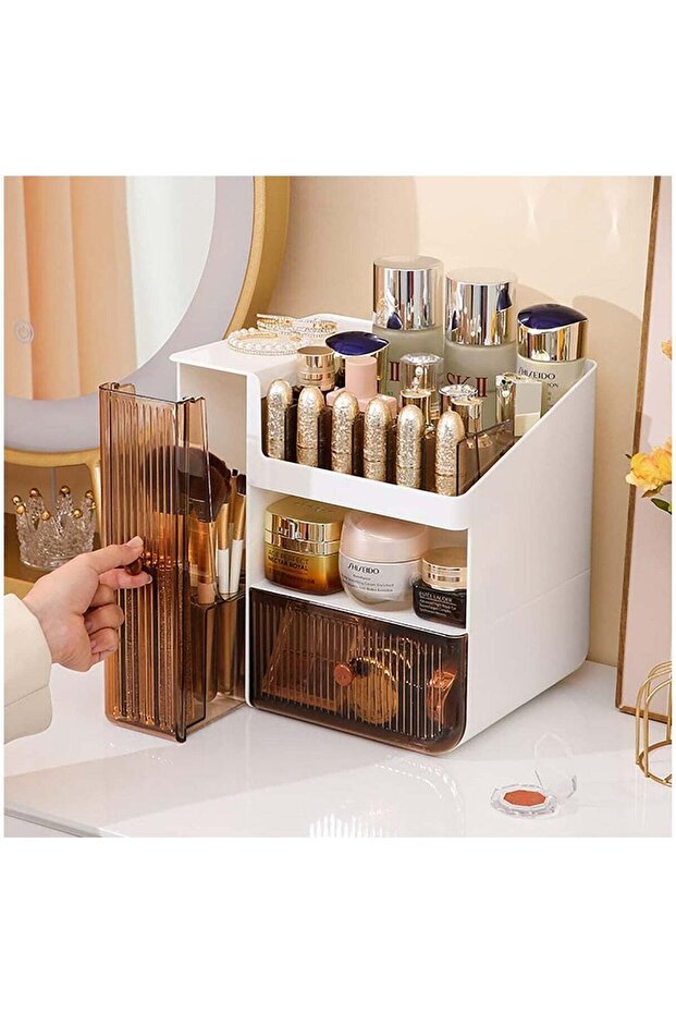 Makeup Organizer, 3 Tier Luxury Countertop Cosmetic Storage Box with Multifunctional Makeup Jewelry