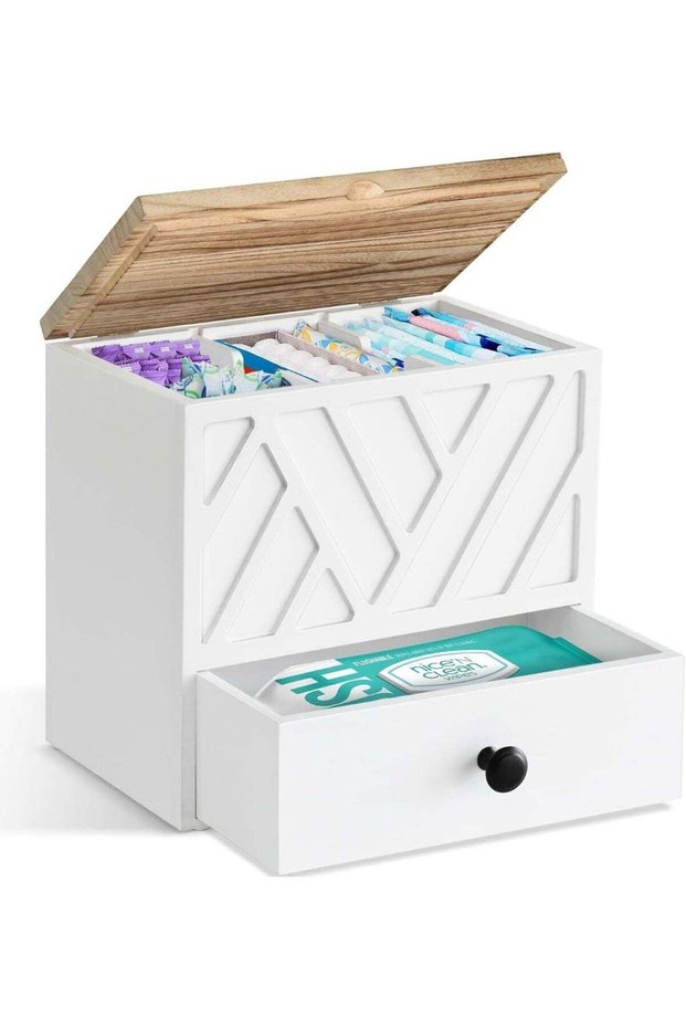 Tampon Holder for Bathroom, Feminine Product Organizer with Lid and Drawer, Wooden Shark Week Pad S