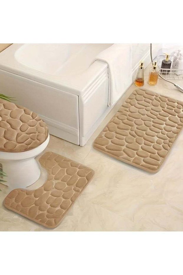 Bathroom Rugs Sets 3 Piece, Cobblestone Memory Foam Bathroom Mats Set Extra Thick, Non Slip Bath Ma