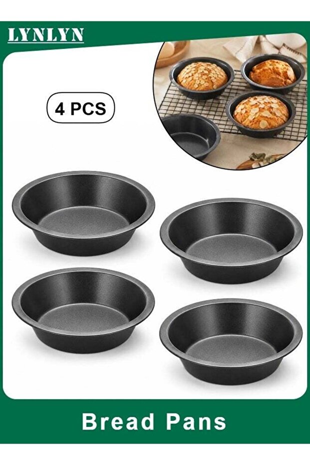 4 PCS Small Round Bread Pans, Carbon Steel Nonstick Baking Pans, Mini Cake Pans for Bread, Cakes an