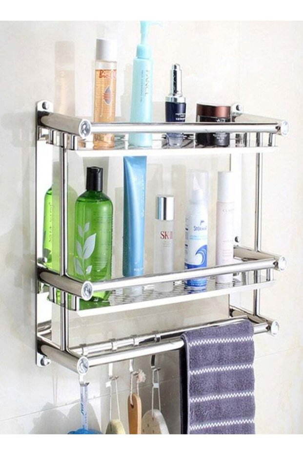 2 Pcs Premium 2-Tier Stainless Steel Bathroom Shelf Organizer with Towel Bar and Hanging Hooks
