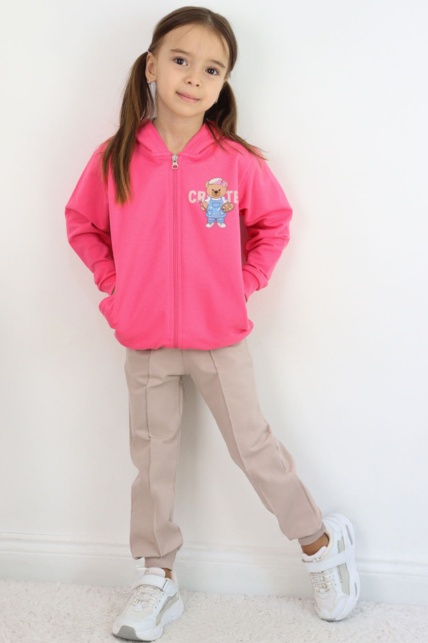 Girl's Tracksuit Set Cute Painter Teddy Bear Printed Grass Stitched Design, 1.5-5 Years Old, Pink