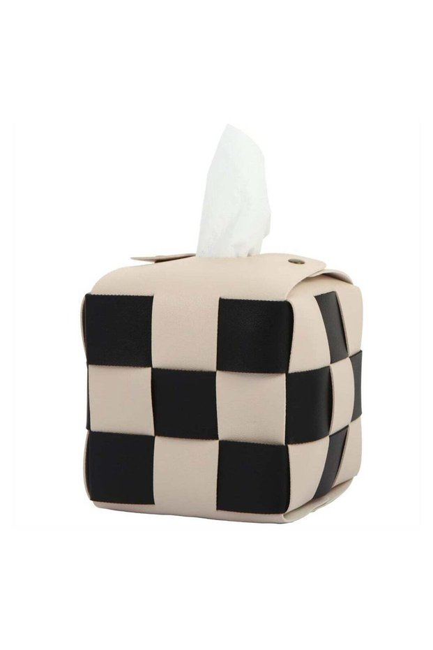 Modern PU Leather Tissue Box Cover Stylish Weave Design for Living Room Bathroom Desk Beige Square