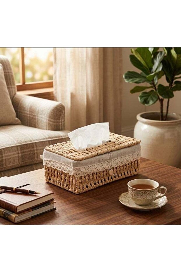 Handwoven Wicker Tissue Box Cover with Lace Trim | Decorative Tissue Holder Organizer | Rustic Farm