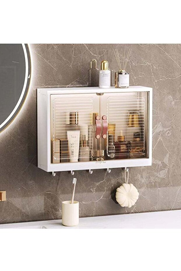 1-Piece Bathroom Storage Cabinet Wall-Mounted Organizer Storage With Hook Plastic White 45x13x32 Ce