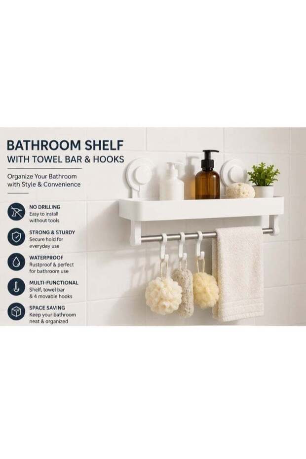 Wall Mounted Suction Cup Shelf with Towel Bar & Hooks – No Drill Storage Rack for Bathroom & Kitche