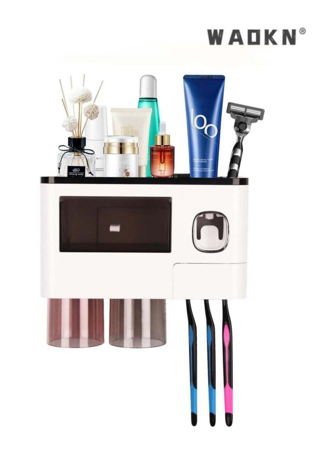 Toothpaste Dispenser Wall Mount Toothbrush Holder for Bathroom ,2Cups and 1Drawer Storage Box,6 Too