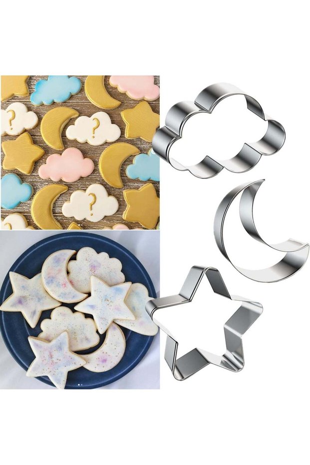 3-Piece Star, Moon & Cloud Cookie Cutters - Stainless Steel Biscuit Molds for Birthday Cake & Party
