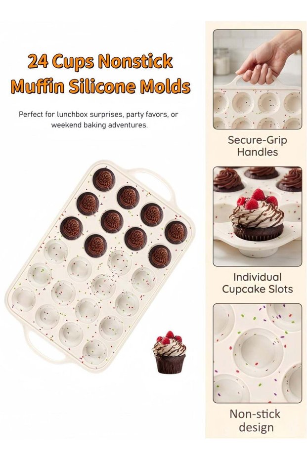 Silicone Mini Muffin Pan with Metal Reinforced Frame, 24-Cup Non-Stick Silicone Cupcake Pan, BPA Fr