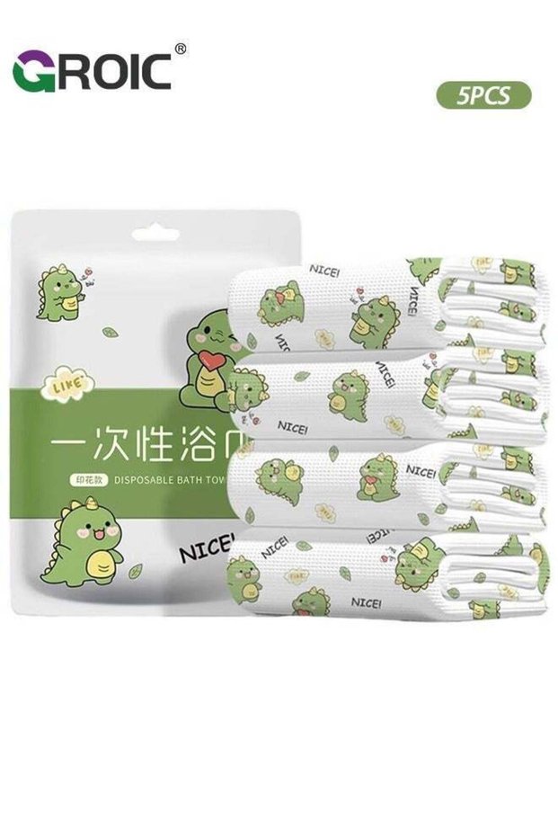 5Pcs Large Compressed Bath Towel,Cartoon Dinosaur Disposable Cotton Towels, Portable Light and Reus