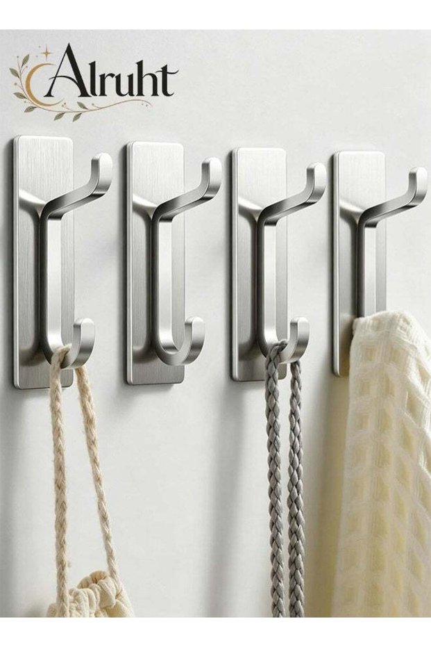 4 Pack Double Hook Adhesive Hooks, 6KG Strong Self-Adhesive Wall Hooks with 3M Backing, No Drill Pe