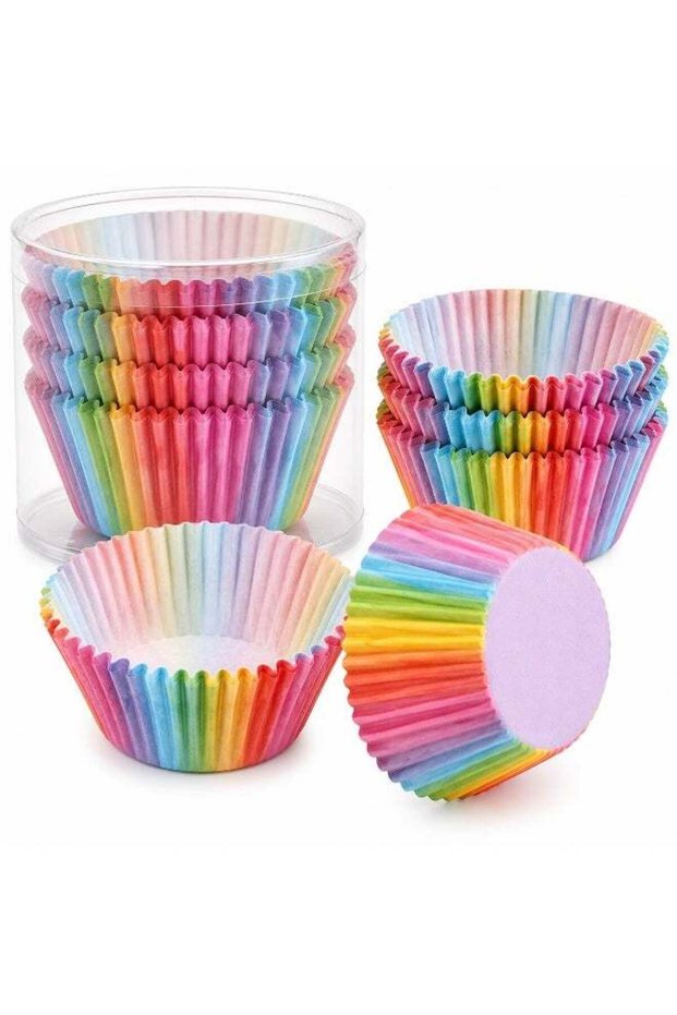 100 Pcs Rainbow Cupcake Baking Paper Cases – Colorful Muffin & Cake Liners for Party, Birthday, Wed