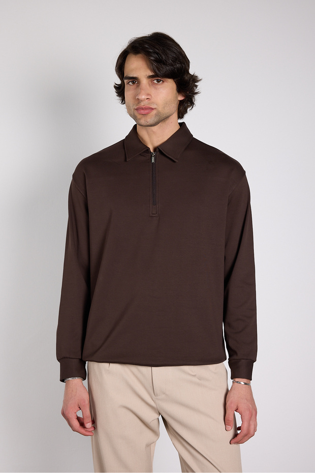 Oversize Zippered Polo Collar Sweatshirt