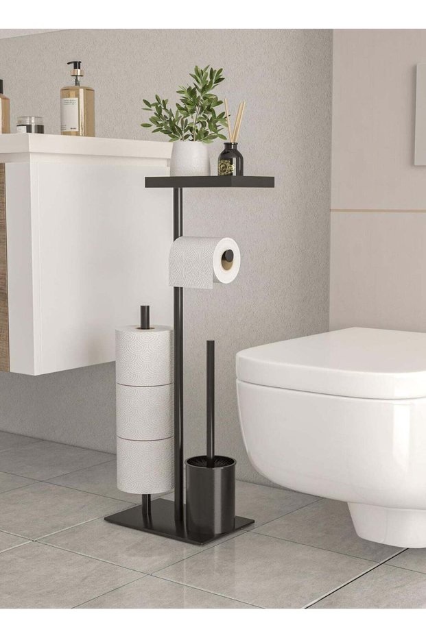 Premium 3-in-1 Freestanding Toilet Paper Holder with Brush & Shelf – Rustproof Stainless Steel Toil