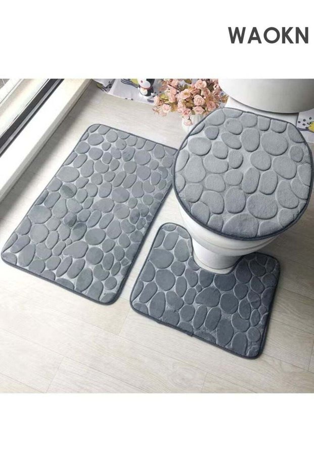 Bathroom Rugs Sets 3 Piece, Cobblestone Memory Foam Bathroom Mats Set Extra Thick, Non Slip Bath Ma