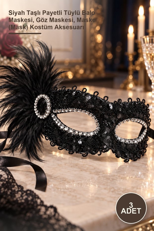 3 Pieces of Venetian Party Mask – Black Rhinestone Sequined Feathered Ball Mask, Eye Mask, Mask Costume Accessory