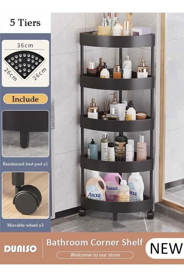 5 Tiers Shower Caddy, Bathroom Corner Shelf Organizer with Wheels, Rust Proof Corner Open Storage C