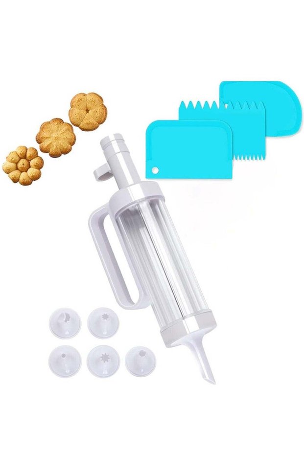 MIXDE Dessert Decorating Syringe Set Manual Cookie Maker with 5 Funnel Icing Tips for DIY Biscuit M