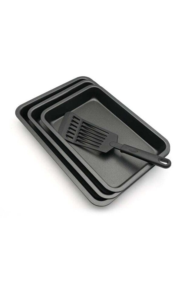 BERGNER 4Pc Black Non Stick Carbon Steel Rectangular Baking Tray Set with Large Medium Small Oven