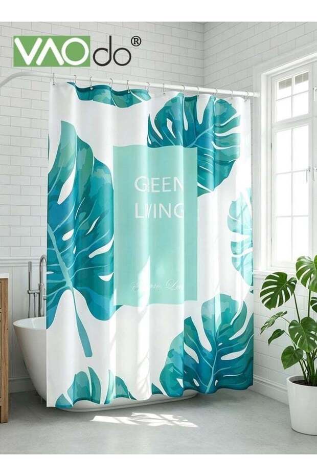 3D Printing Shower Curtain, Tropical Leaves Pattern Bath Curtain, Punch-free Installation Curtain,
