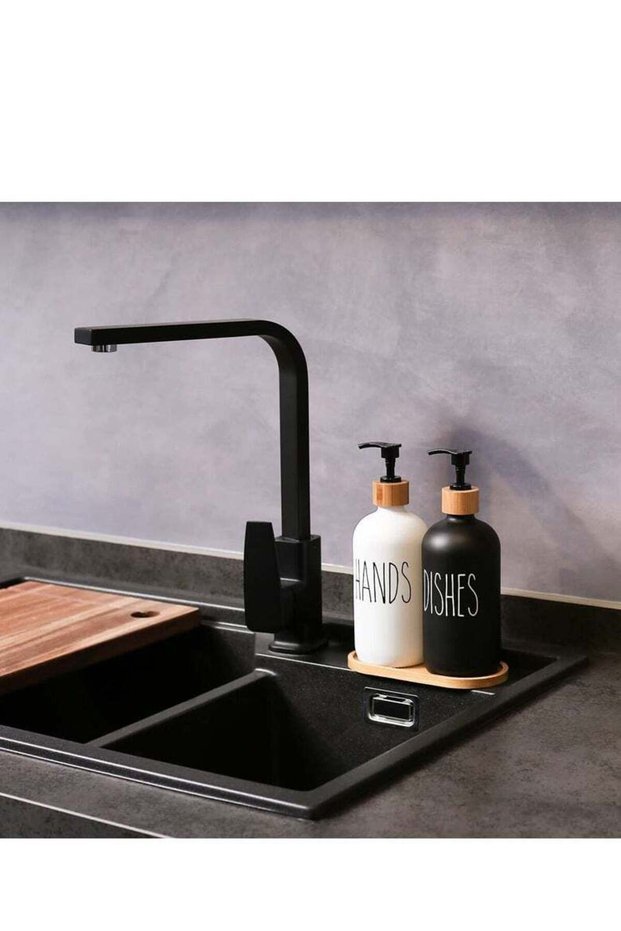2-Piece 500ML Soap Dispenser Set Black and White Soap Dish With Bamboo Tray For Kitchen Sink And Ba