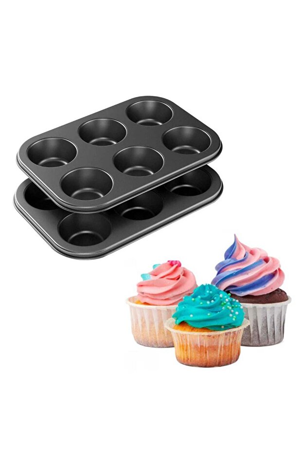 2 Pack 6 Cup Cupcake Baking tray Non Stick Carbon Steel Muffin Tray Oven Baking Pan Heat Resistant