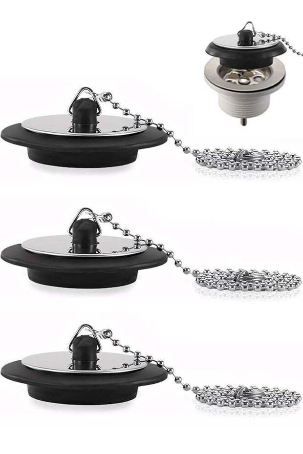 3 PCS Universal Sink Plug with 10cm Stainless Steel Chain Black Rubber Fit Kitchen Sinks, Bathroom
