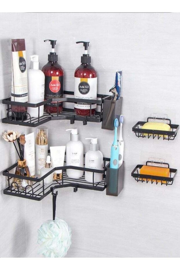 4-Pack Bathroom Stainless Steel Shower Organizer with 2 Toothbrush Holders, 4 Hooks, 6 Punch-Free W