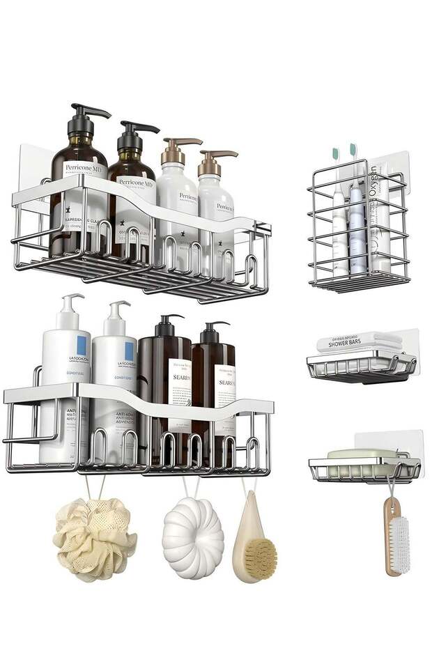 Shower Caddy 5 Pack, Adhesive Bathroom Organizer for Bathroom Storage&Kitchen, No Drilling, Large C