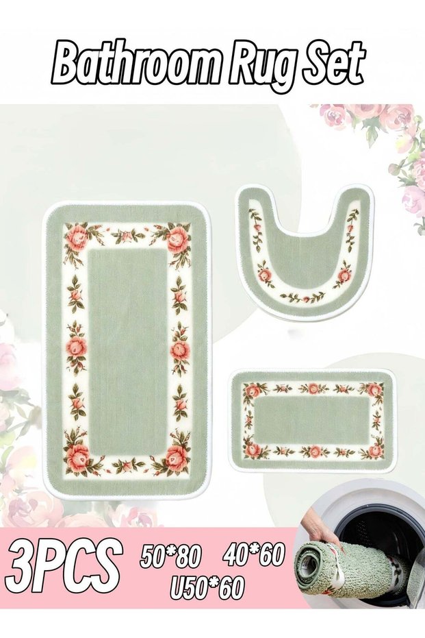 Bathroom Rugs Sets 3 Piece,Rose Flowers Bathroom Rugs Set Extra Thick,Non Slip Bath Mats for Bathro