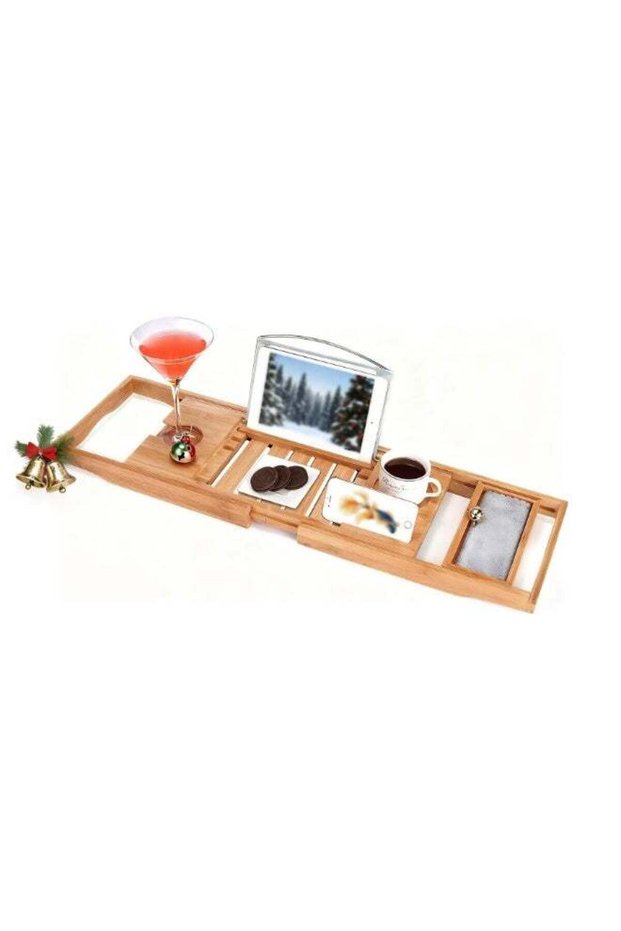 Expandable Bamboo Bathtub Caddy Tray 70-105cm, Adjustable Wooden Bath Tray with Book/Tablet Holder,
