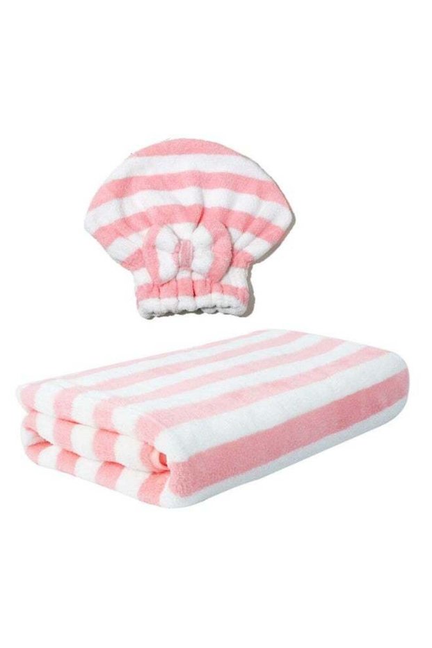 Bath Towel And Dry Hair Cap Striped Bath Towels Set