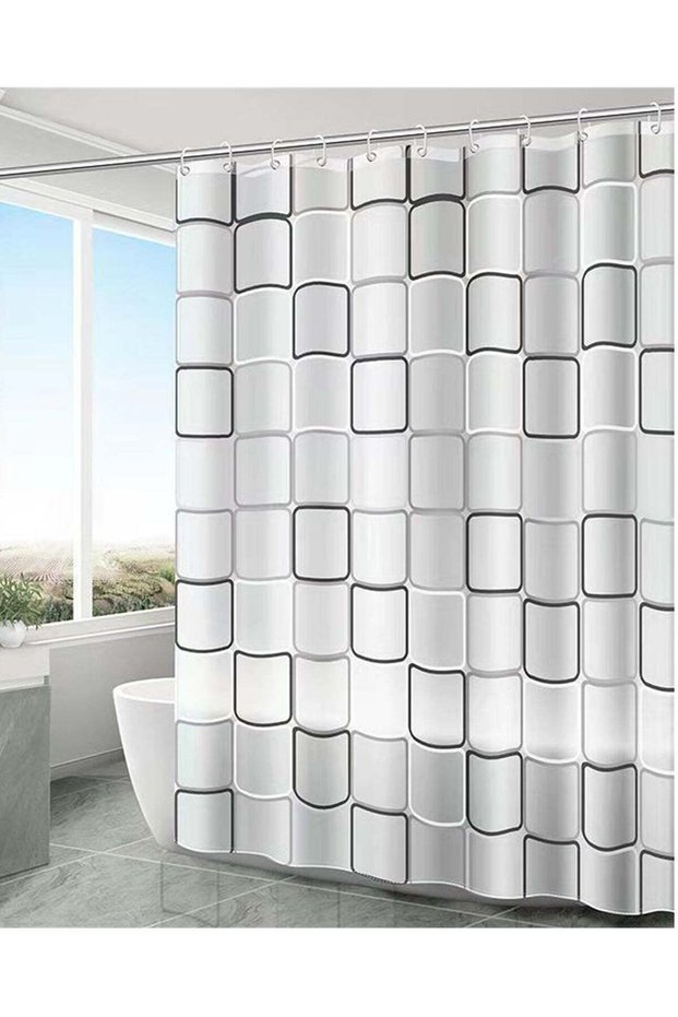 Modern Geometric Square Pattern Shower Curtain PEVA Waterproof Bathroom Curtain,180X200CM