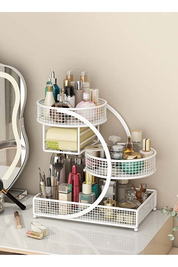3-Tier Makeup Storage Rack with Tissue Holder:Vanity/Bathroom Organizer, Metal Mesh Design, Large C