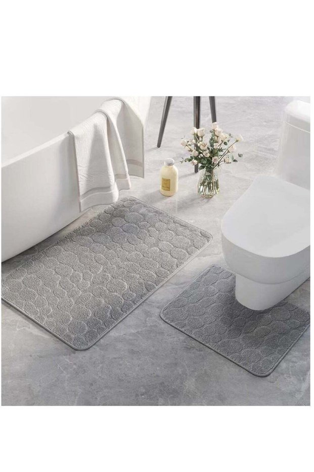 2-Pieces Plush Bathroom Floor Mat Set Absorbent Non-Slip Toilet Mat Grey 60x40cm And 50x40cm
