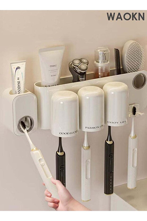 4 Cup Toothbrush Holders with 1Toothpaste Dispenser , Wall Mounted Multi-Functional Space Saving To