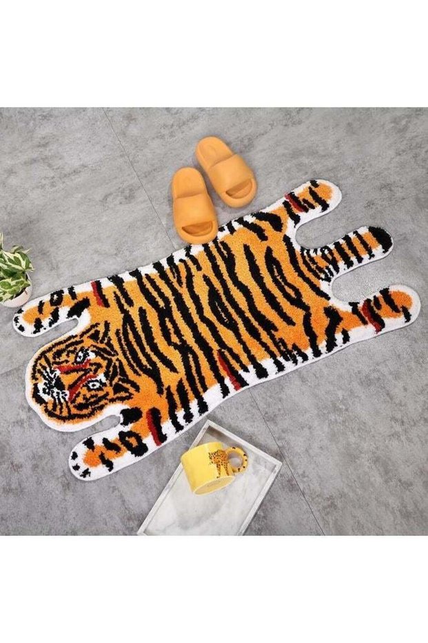 Tiger Bath Mat for Bathroom, Cute Orange Yellow Tiger Cartoon Non Slip Animal Shaped Absorbent Bath