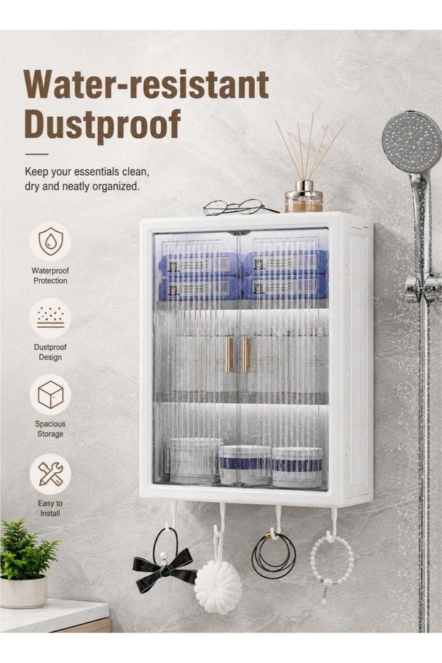 No-Drill Wall Mounted Bathroom Storage Shelf with Doors and Hooks, PP Organizer Cabinet for Cosmeti