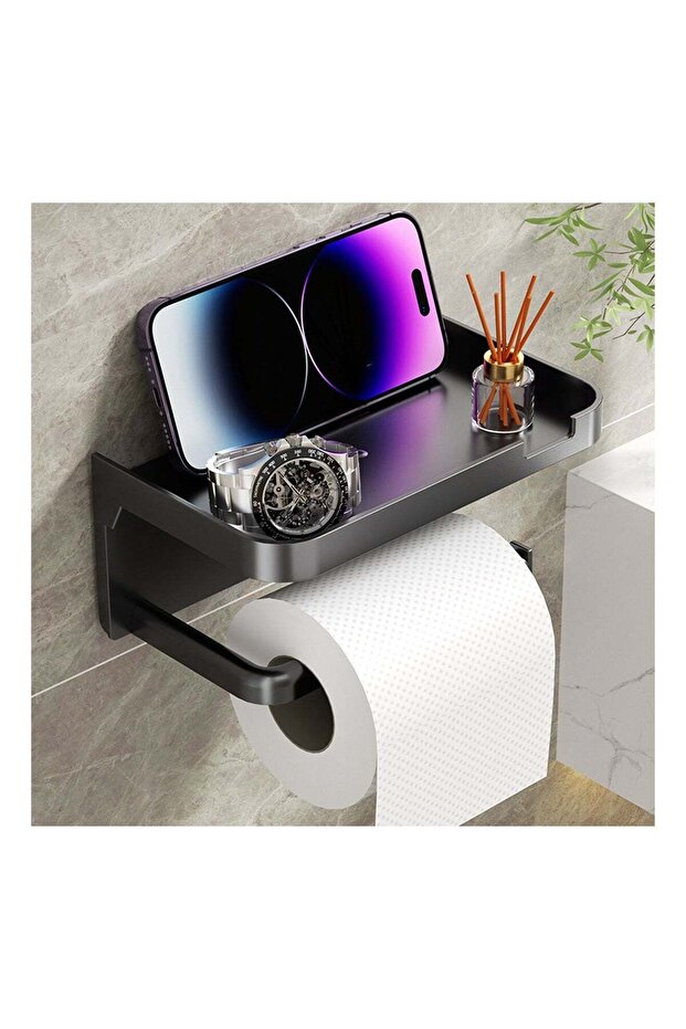 Toilet Paper Holder with Shelf, Wall Mounted Bathroom Tissue Roll Holder with Anti-Drop Storage Tra