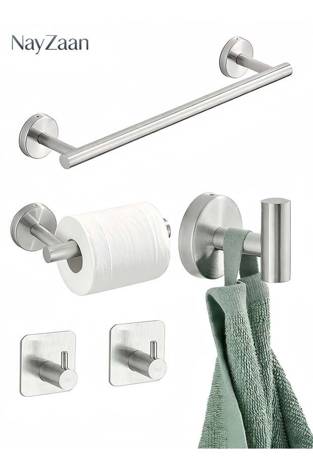 5-Piece Brushed Silver Bathroom Hardware Set, Stainless Steel Round Wall-Mounted — Includes 16-Inch