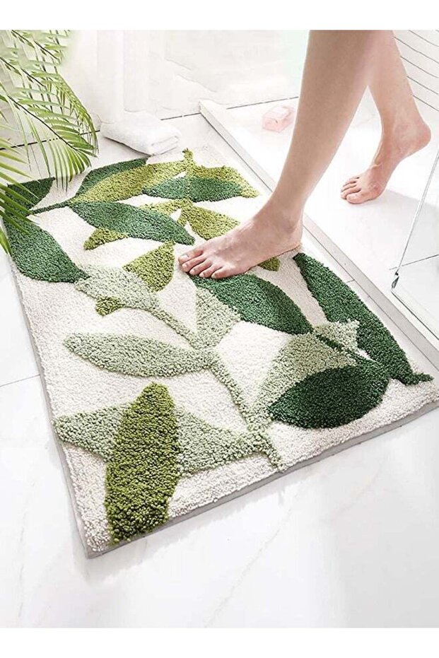 Non-Slip Bath Mat, 45 x 65 cm Green Leaf Bathroom Floor Mat Super Soft and Water Absorbent, Machine