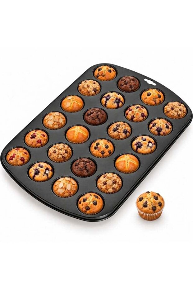 BERAM 24 Cup Muffin Pan, Black Non-Stick Carbon Steel Cupcake Baking Tray, Durable Oven Safe Bakewa