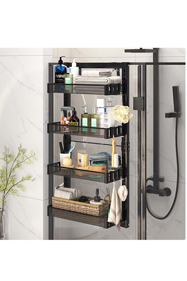 4-Tier Black Mesh Bathroom Rack, Wall-Mounted & Hanging Dual-Use Shower Organizer, No-Drill Storage