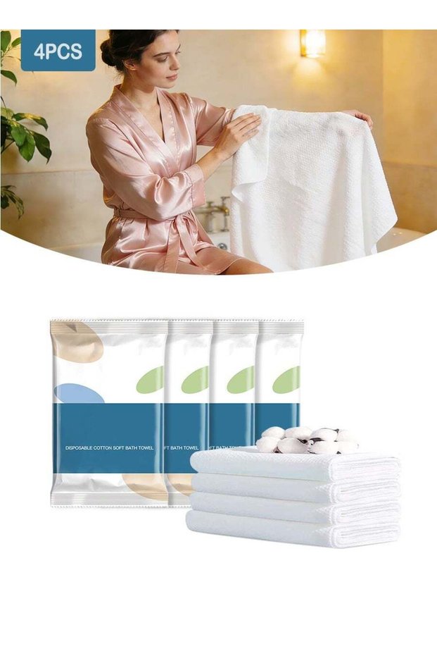 4-Pack Large Disposable Cotton Bath Towels (70×140cm) - Thick 90gsm Compressed Travel Towels, Soft