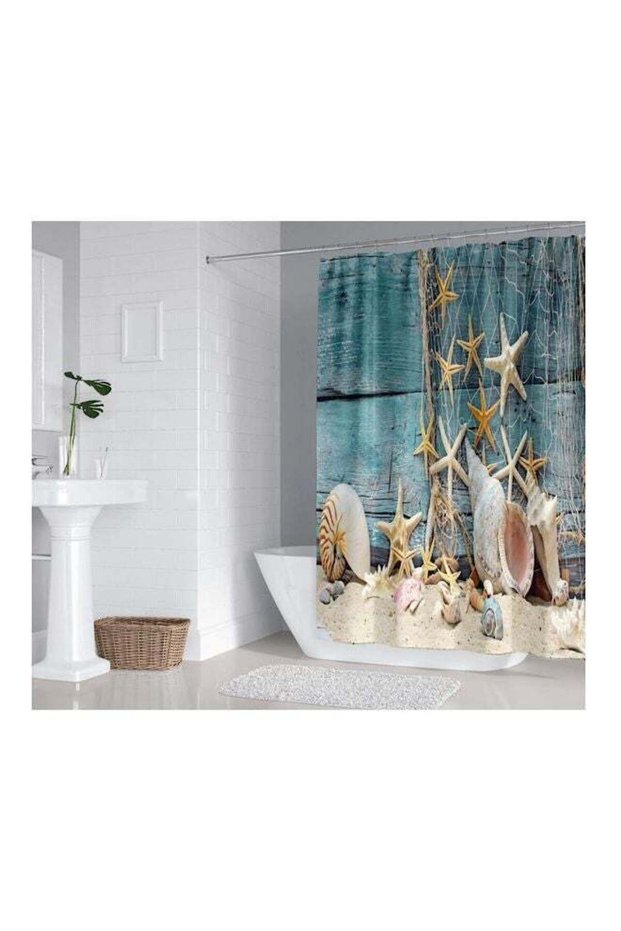Star Fish Printed Shower Curtain With Hook Blue/White/Gold 165x180centimeter