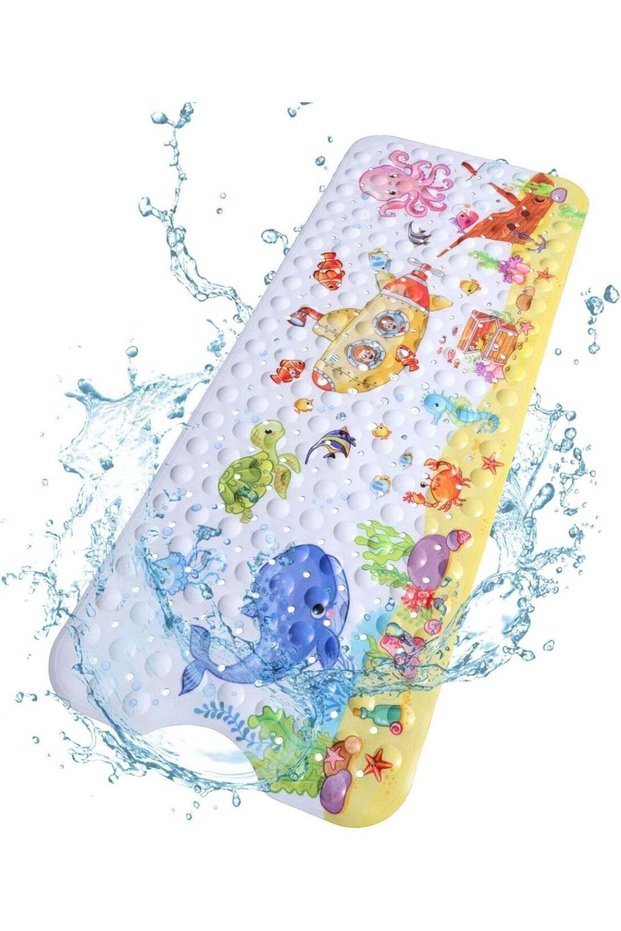 Baby Bath Mat for Tub, 100 X 40 cm, Extra Large, Non Slip, Cartoon Kids Mat, Suction Cups, Drain Ho