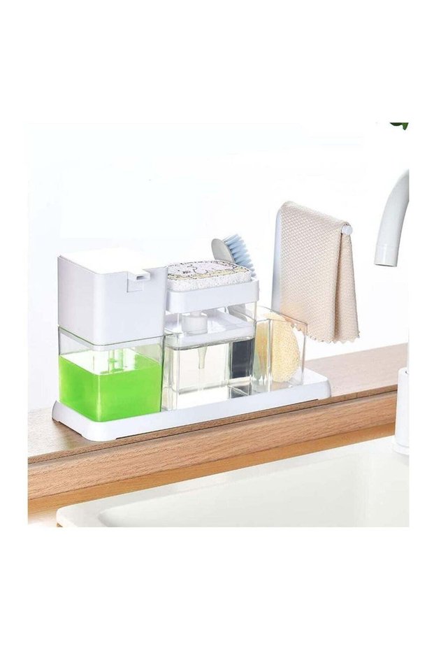 4-1 Dish Soap Dispenser Set- Kitchen Soap Dispenser Caddy Liquid Hand Soap Pump Bottle Sponge Brush