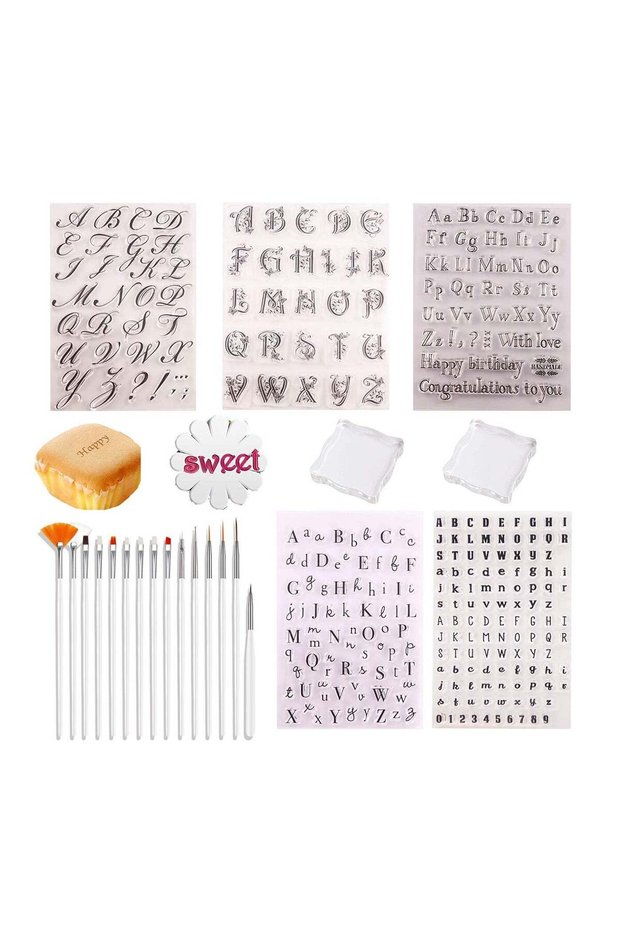 Alphabet Cake Stamp Set - 5 Letters & Numbers Fondant Molds, 2 Acrylic Blocks & 5 Brushes for DIY B
